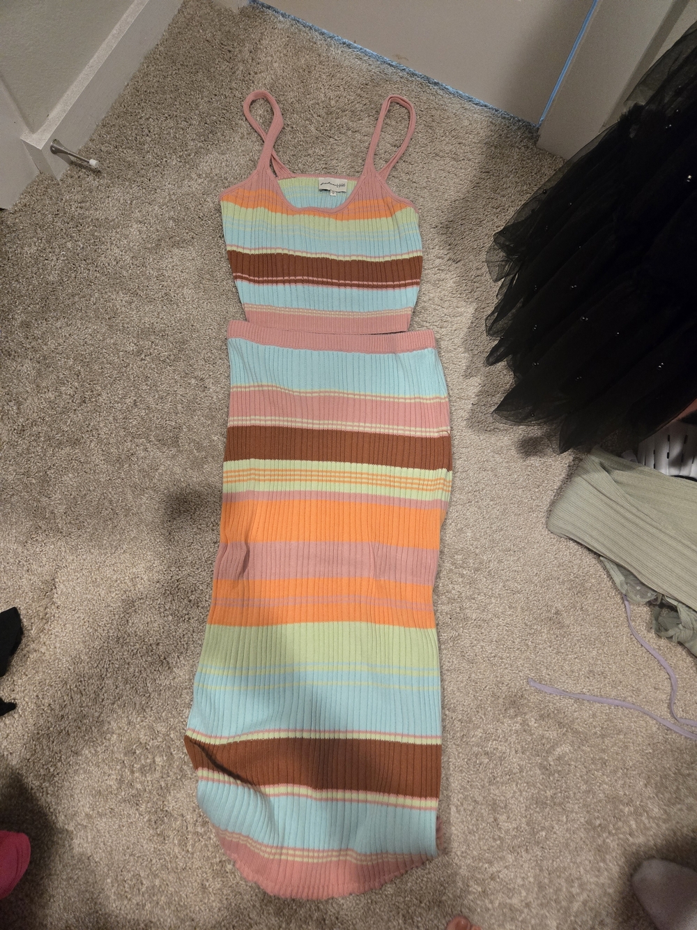 Striped Rib-Knit Midi Dress in Pastel Multi - 2-Piece Set